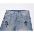 Men de broderie à taille haute les shorts en jean